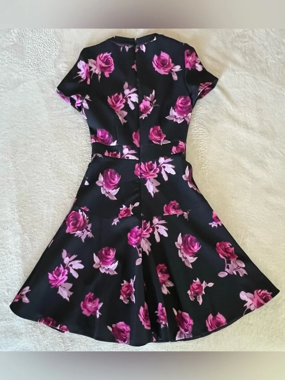 Kate Spade Encore Rose Crepe Floral A-Line Fare Black and Pink Floral Dress